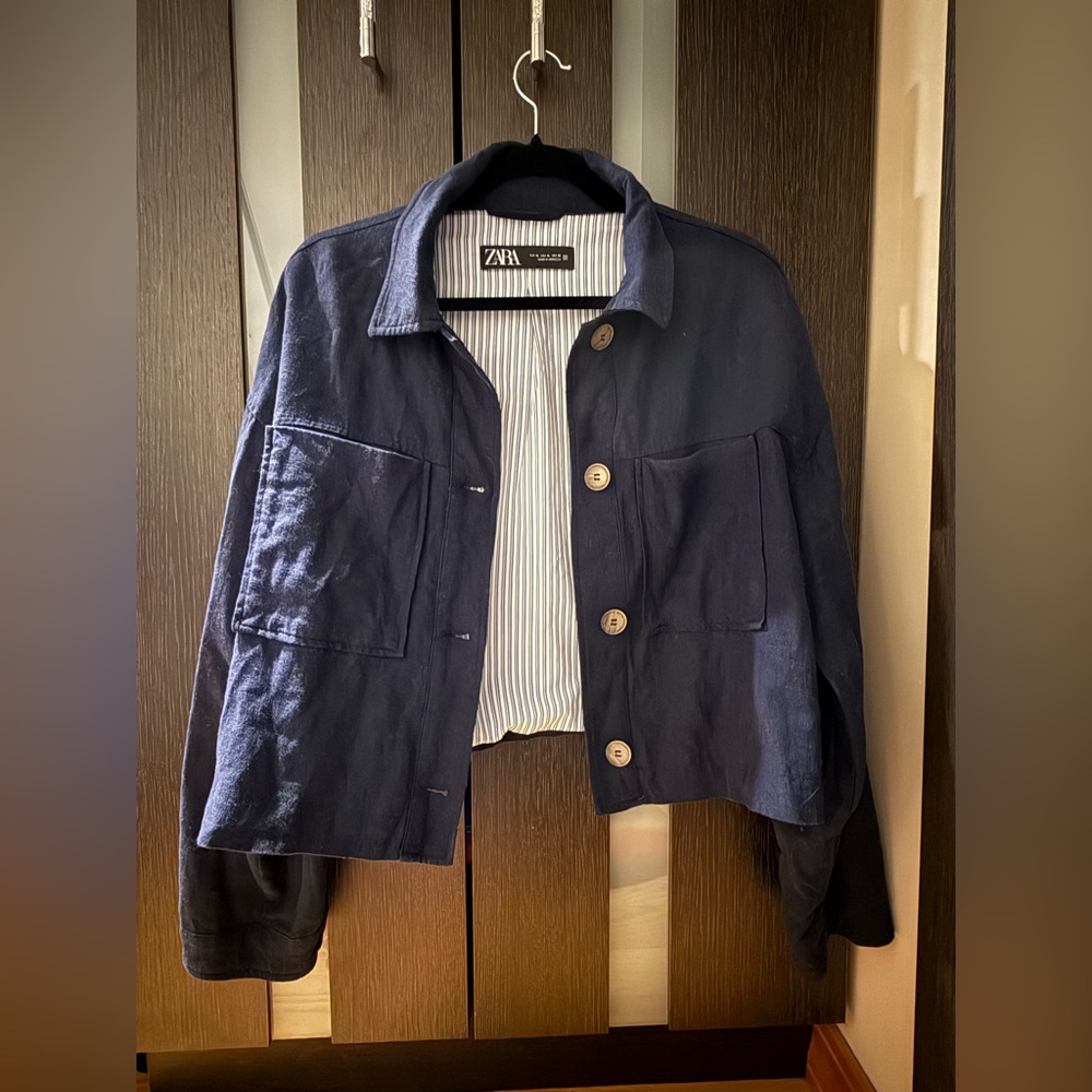 Zara Womens Linen Blend Short Jacket Collared Navy Blue W/Pockets Size XL.